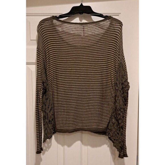 Free People Olive & Tan Striped Long Sleeve with Knit/ Crochet Sides Size Medium - Picture 2 of 8